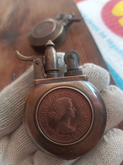 Handmade Antique Gasoline Lighter Distressed Brass RetroCoin Round Oil Lighter Collection Vintage Isqueiro