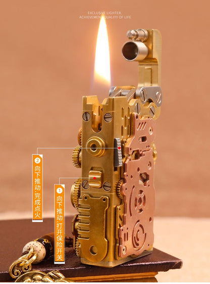 Vintage Brass Liquid Oil Lighter Steam Punk Mechanical Gear Linkage Automatic Ejection Gasoline Lighter Handmade Gift for Men